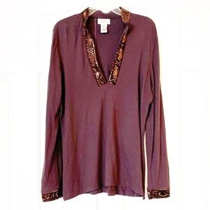Talbots chocolate brown sequin collar long sleeve tunic top. Size Women's Medium